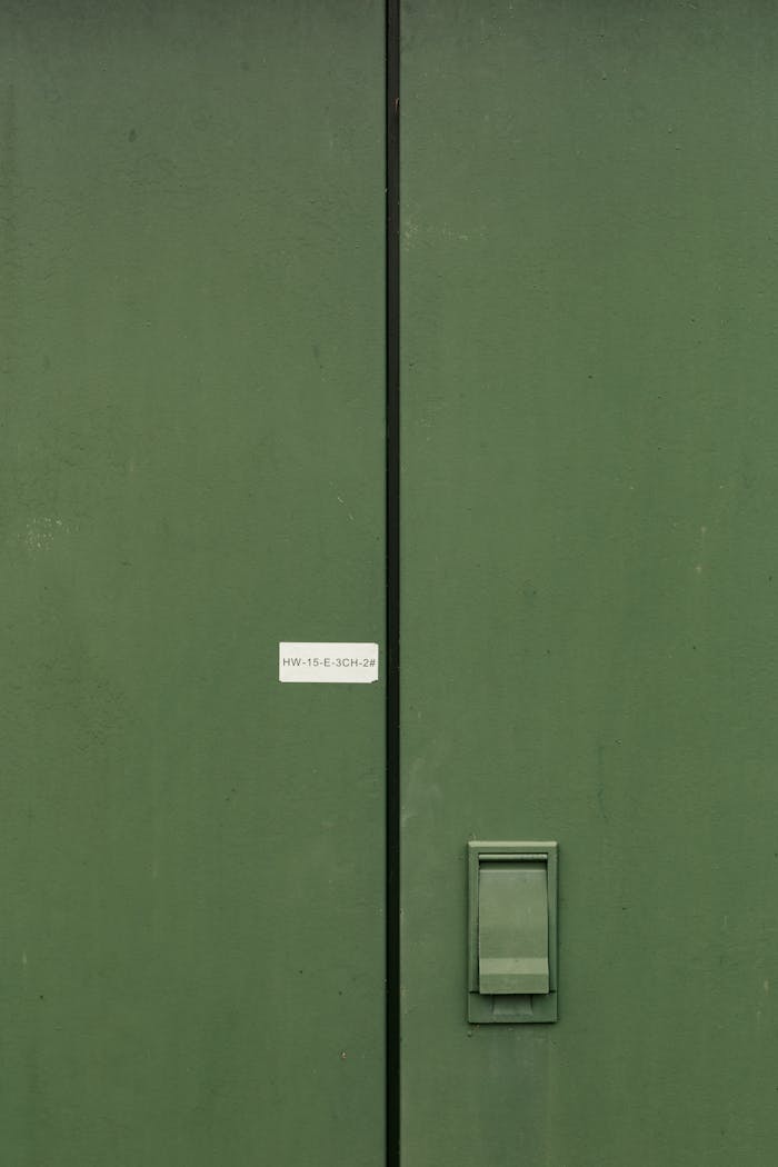 Close-up of a green metal electrical cabinet with a handle and label.